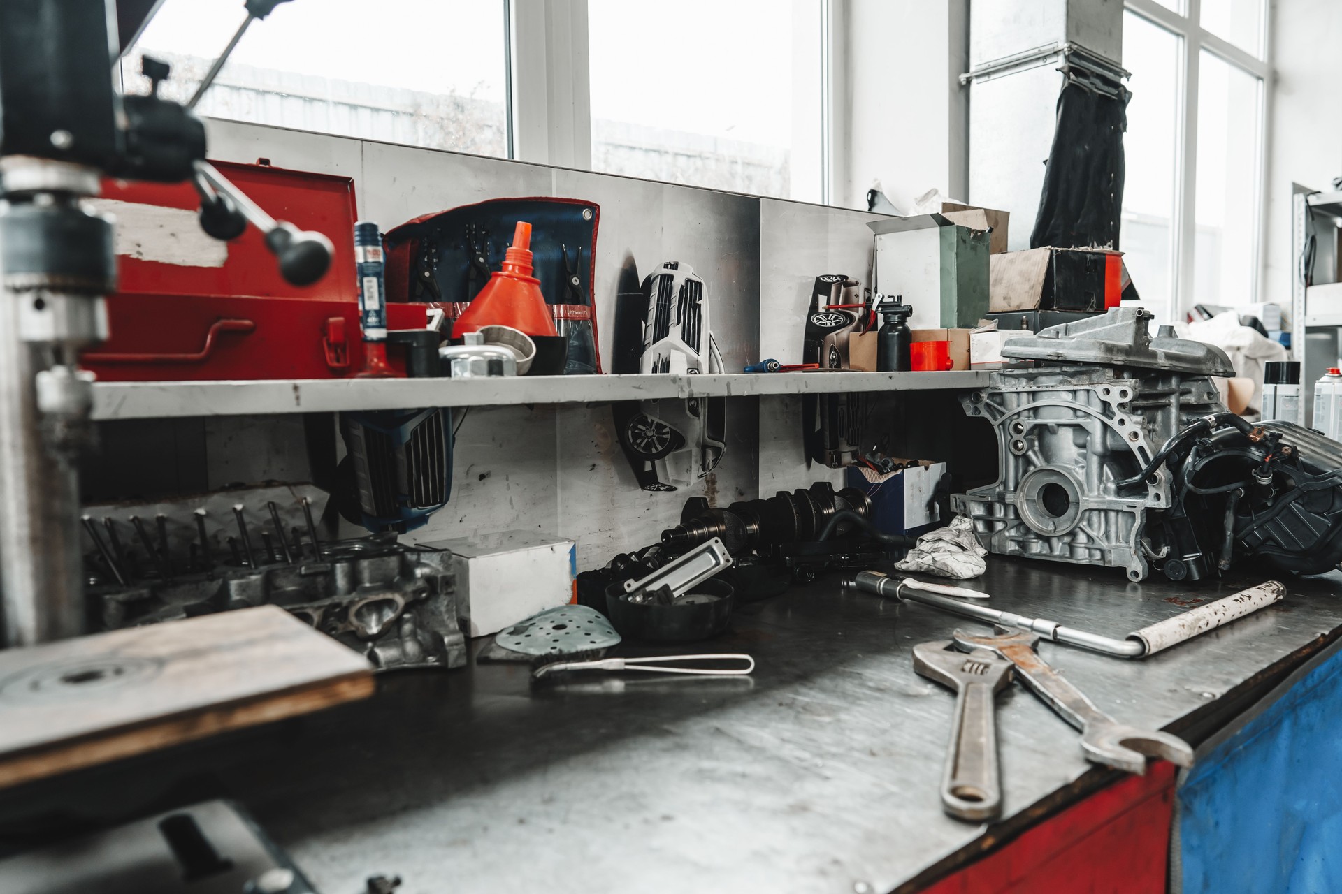 Different tools on workbench in car service